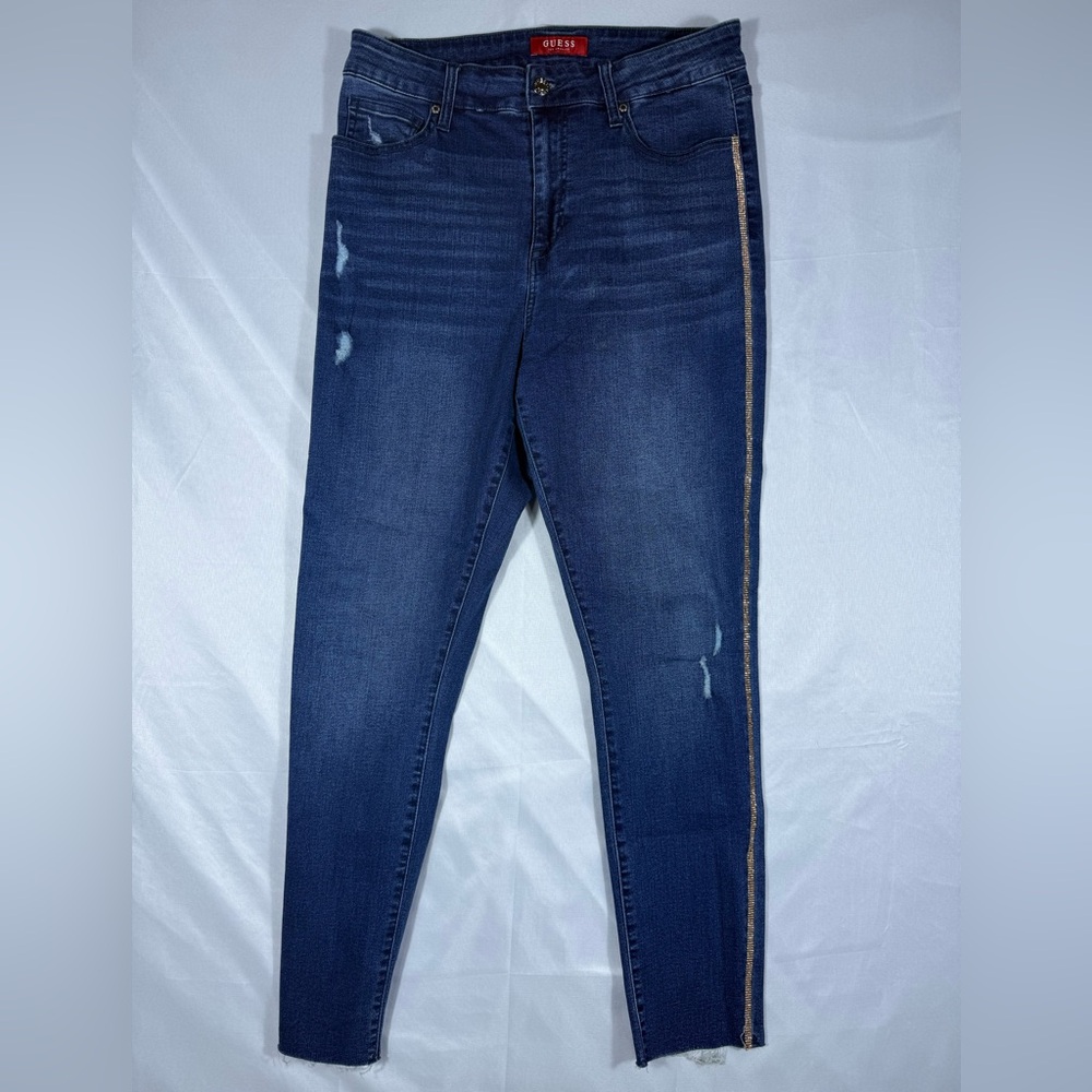 Guess‎ Women's Skinny Jeans Dark Blue Pink Rhinestone Side Trim Size 30 8–10